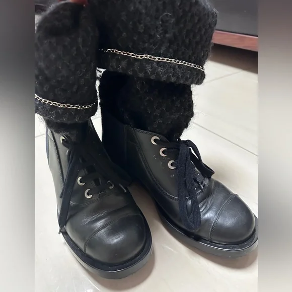 Auth Chanel Black Navy Blue Tweed Boots Socks Boots 39 Women - Picture 4 of 16